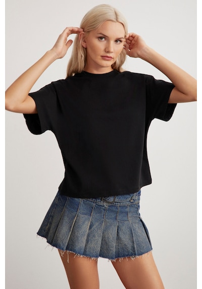 Grimelange Lottıe Kadın %100 Organik Pamuklu Regular Kalıp Bisiklet Yaka Basic Kısa Kollu Siyah T-shirt
