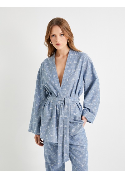 Koton Kimono Beli Kuşaklı Çiçek İşlemeli Fistolu Mavi 4sak50053pw Mavi