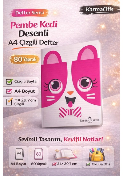 Kedi Desenli A4 Çizgili Defter 80 Yaprak 1 Adet Pembe Kedi Tasarım