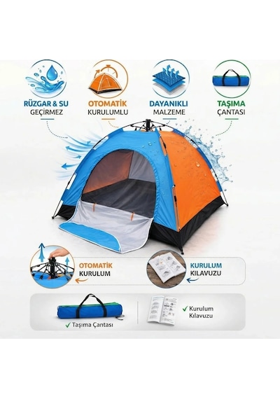6 Kişilik Otomatik Kurulum Kamp Çadırı Outdoor Aile, Doğa, Suya Dayanıklı Hızlı Kurulum Çadır 220x250x160 Çok Renkli