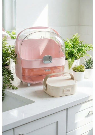 Makri Home Çok Bölmeli Şeffaf Çekmeceli Makyaj & Kozmetik Organizeri Pembe Ve İkili Çekmeceli Organizer Pembe