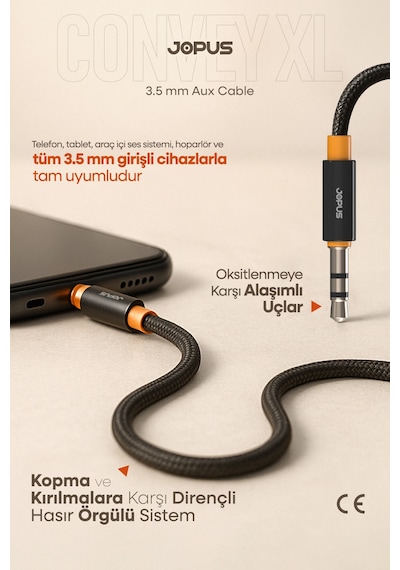 Jopus 3.5mm Aux To 3.5mm Aux Ses Kablosu Stereo Destekli Örgülü 2 Metre