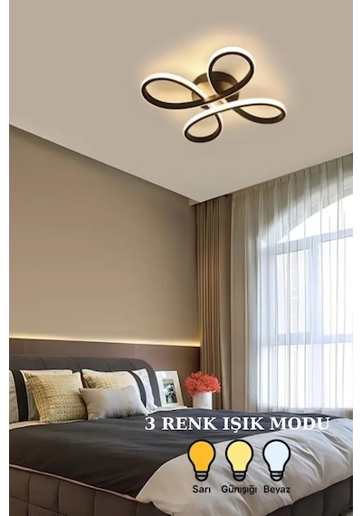 Papatya 4'lü Siyah Renk Plafonyer, Üç Renk Işıklı Modern, Ledli, Salon, Hol, Mutfak Avize