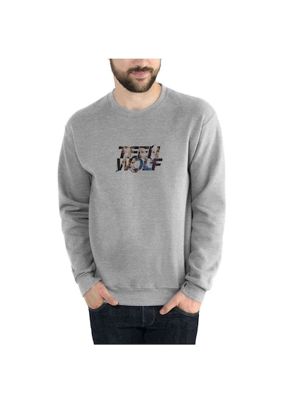 Teen Wolf Baskılı Gri Erkek Örme Sweatshirt