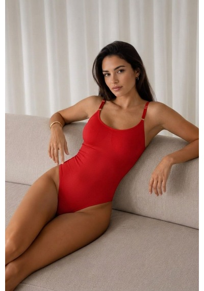Kadın Kapsız Cırt Cırtlı Düz Desen Kırmızı Body