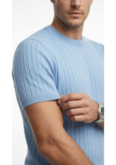 Plus Scorpion Erkek Slim Fit Triko Tişört Bisiklet Yaka Çizgili Modern Şık Tasarım Mavi