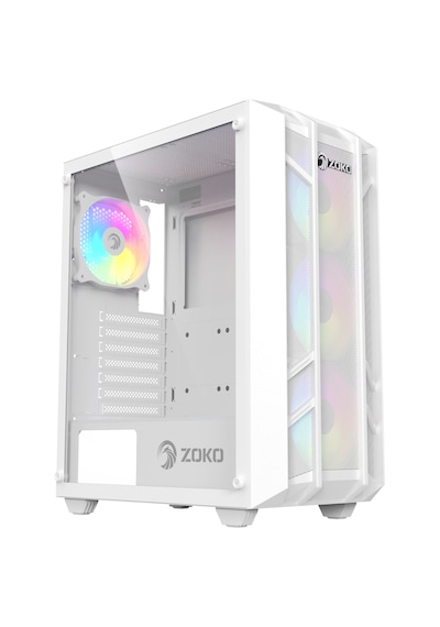 Zoko Hunter 4x12 CM ARGB Fan Mesh Panel Temperli Cam Bilgisayar Kasası Beyaz