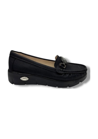 C-shoes Sl420-26 Baskı Kot Deri V Toka Comfort Kadın Ayakkabı Siyah
