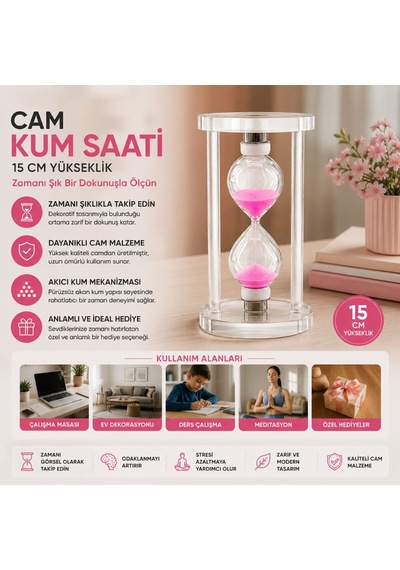 Büro Ev Ofis Hediyesi İçin 15cm Cam Standlı Kum Saati
