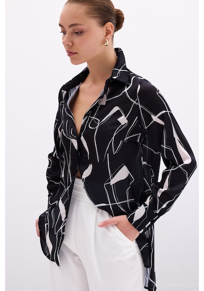 Sateen Yırtmaç Detaylı Gömlek - Siyah-136102 Siyah