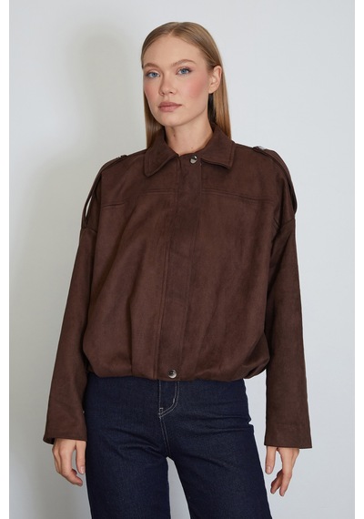 Fullamoda Fermuarlı Polo Yaka Süet Bomber Ceket Kahve