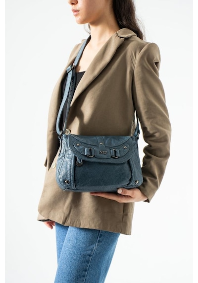 Baginn Yıkama Deri Günlük Kadın Postacı Çanta Çapraz Askılı Omuz Çantası Suni Deri 26 20 Cm Kapaklı Model Mavi