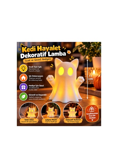 Kedi Kulaklı Hayalet Led Gece Lambası Dekoratif Işık, 11 Cm, 1 Adet Led Mum Hediyeli Renkli