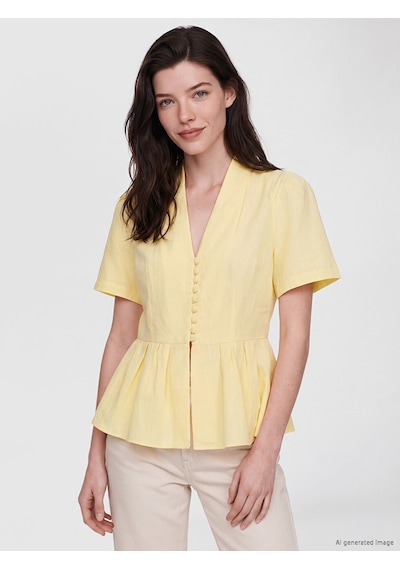 Lcw Comfort Sarı V Yaka %100 Pamuklu Peplum Bluz