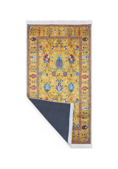 Hardal Sarısı Halı Vintage Etnik Desen Saçaklı Bambu Kumaş Yüzey Çok Renkli