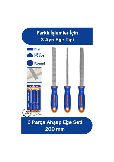 Eğeseti 3 Parça Ahşap Eğe Seti 200 Mm Orta Pürüzlü Düz Yarım Yuvarlak Yuvarlak Törpü Ergonomik Sap