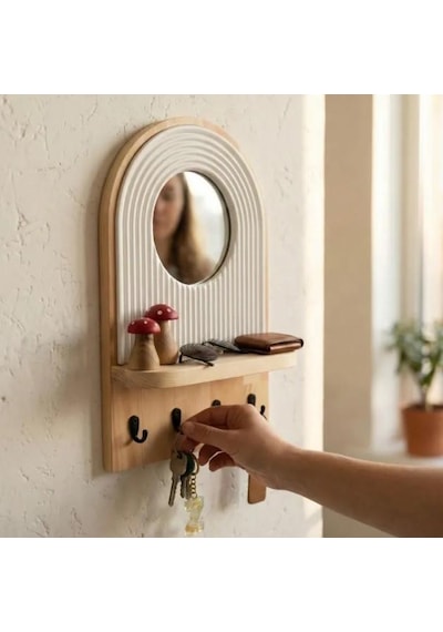 Aynalı Ahşap Duvar Hol Anahtar Askısı, Minimalist Dekoratif Modern Anahtarlık Natürel