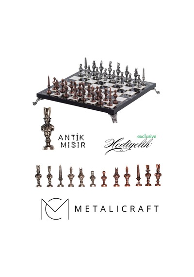 Mc57 Antik Mısır Figürlü Metal Satranç Takımı - Mermer Desenli 25cm Tahta El Yapımı Taşlar