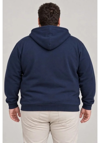Butik İstanbul Erkek Battal Büyük Beden Üç İplik İçi Şardonlu Kapüşonlu Tam Fermuarlı Kışlık Sweatshirt - Lacivert
