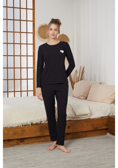 Siyah İnci Fitilli Örme Pijama Takım25226003 Siyah