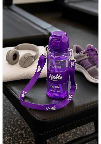 Hello Pipetli Suluk 800 Ml Renkli Askılı Su Şişesi Çocuk Ve Yetişkin Okul Seyahat İçin Gıda Sınıfı Plastik Sızdırmaz Matara Mor