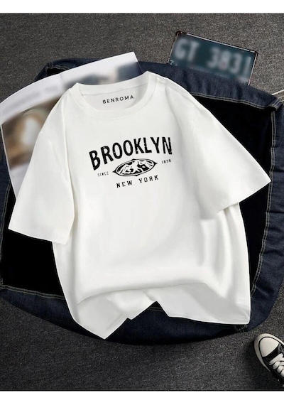 Oversıze Brooklyn Baskılı Unısex Tisort Baskılı BEYAZ