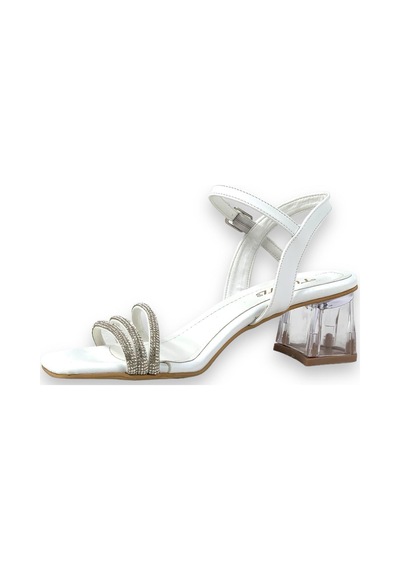 Kadın Tels Beyaz Alçak Şeffaf Topuk 3 Biyeli Taşlı Sandalet 5 Cm 213 001