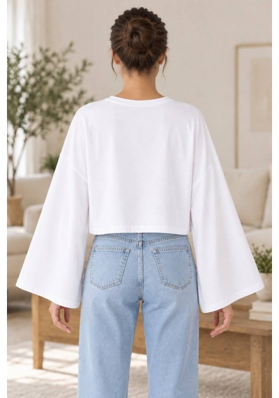 Genel Markalar Kadın Oversize Crop Geniş Kollu Basic Sweatshirt Beyaz