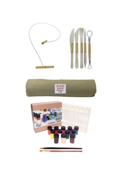 Beyaz Seramik Hamuru 6xkg Kil Kesme Teli 5'li Ebeşuar Rich Şişeli Palet 25 Ml X 12'li Akrilik Set
