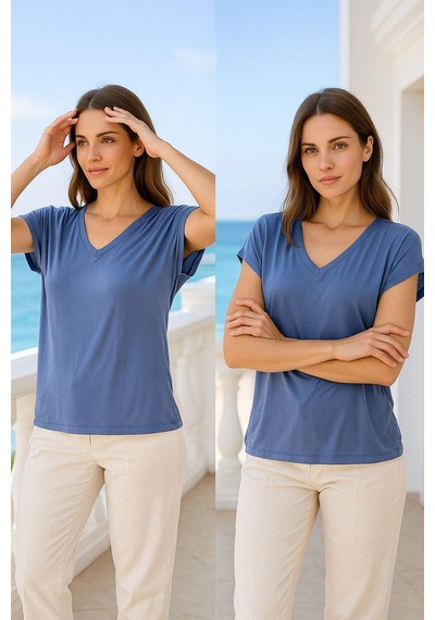 Kadın Indigo Viskon Ön Arka V Yakalı T-shirt Yarasa Kol Relaxed Bluz Çok Renkli