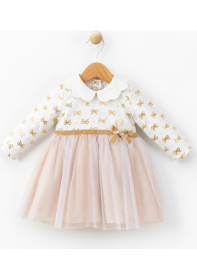 Babyhola Tül Etekli Kız Bebek Elbise Gold Varak Detaylı 15404 Sarı