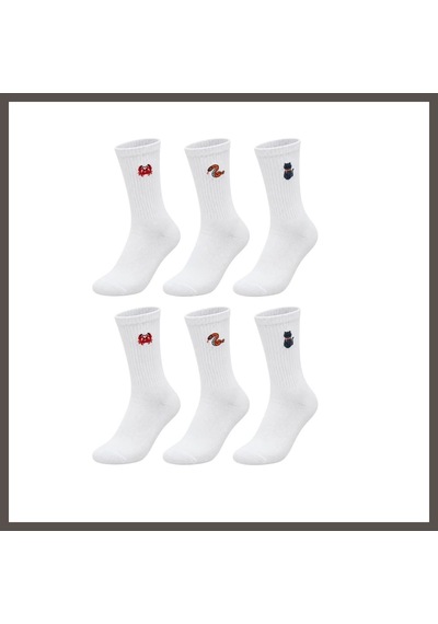 Bezos Unisex Çorap Beyaz Hayvan Nakışlı 6'lı Set Yengeç Yılan Kedi Desenli Uzun Soket Günlük Spor Çorabı Nxrlvng