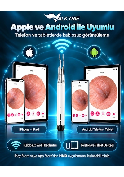 Valkyrie Kameralı Kulak Temizleme Cihazı Wi-fi Hd Kamera Led Işıklı Cımbız Başlıklı Type-c Şarjlı Set