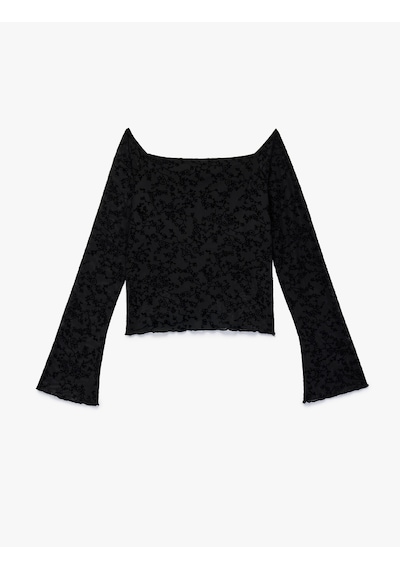 Koton Uzun İspanyol Kollu Slim Fit Omzu Açık Tül Dantelli Tişört Siyah 6wal10661ık