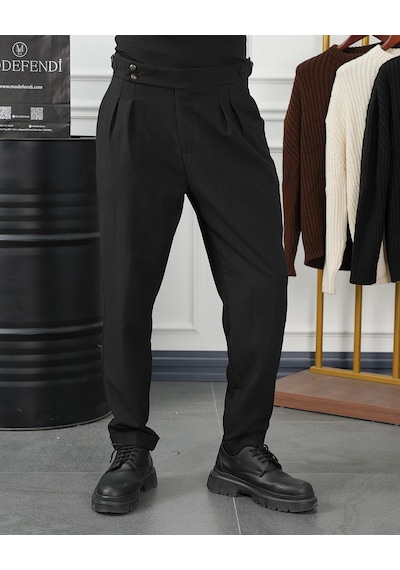 Modefendi Yüksek Bel Pileli Petek Örme Pamuklu Slimfit Pantolon Siyah