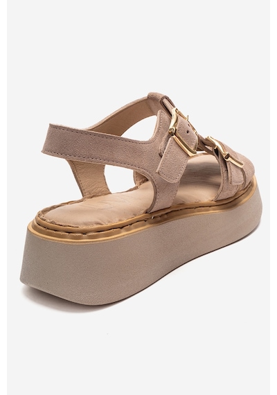 Luvishoes Loın Bej Süet Hakiki Deri Tokalı Kadın Sandalet Bej