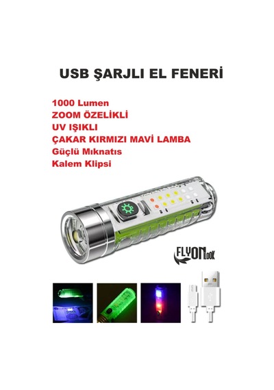 Şarj Edilebilir Hem Fener Hem Ortam Aydınlatmalı 5 Fonksiyonlu Ön Kısım Lazer Led Mıknatıslı Klipsli Gri