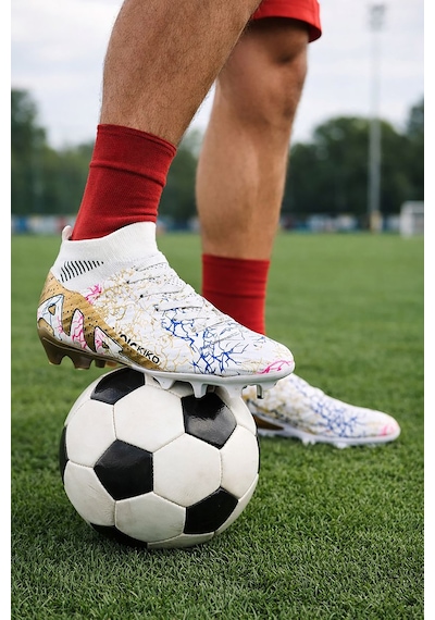 Roger Boğazlı Krampon Çim Saha Erkek Çocuk Futbol Ayakkabı Beyaz - Altın
