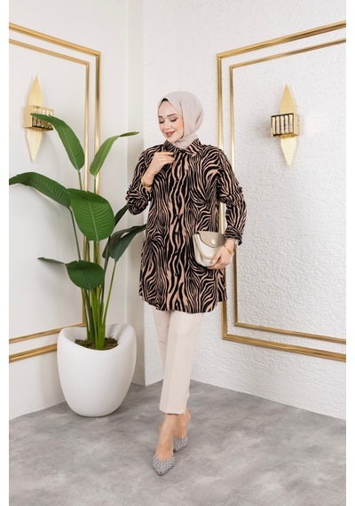 Hira Life Fashion Kadın Tesettür Giyim Ve Spor Giyime Uygun Düğme Detaylı Şık Desenli Dokuma Viskon Gömlek-tunik Vizon 2 Vizon 2