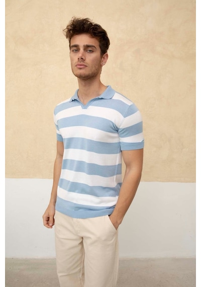 Tarz Cool Renk Bloklu Polo Yaka Triko T-shirt Mavi
