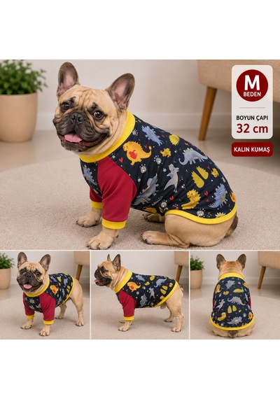 Köpek Sweatshirt M Beden Boyun Çapı 32 Cm Dinozor Desenli Kalın Kumaş Uzun Kollu - Lacivert
