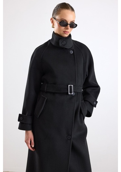 Olcay Dik Yaka Pat Detaylı Oversize Kaban Siyah 3177
