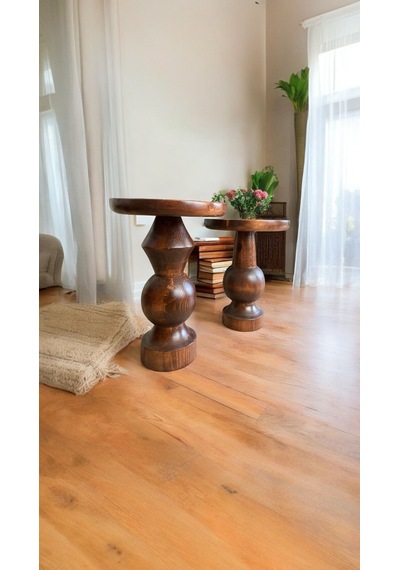 Wood Ahşap 2'li Set Mantar Yan Sehpa Modern Fiskos / Kestane Renk