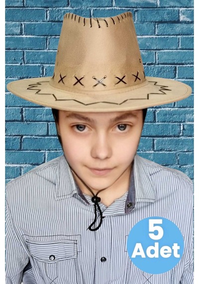 Uniquetrenders Çocuk Unisex 5'li Nubuk Kovboy Şapkası 8-14 Yaş Koyu Bej
