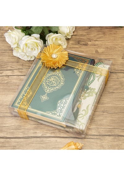 Hediyelik Kuran-ı Kerim, İnci Tesbih, Seccade, Asetat Kutulu 25x18 Cm Mevlid Paketi-yeşil