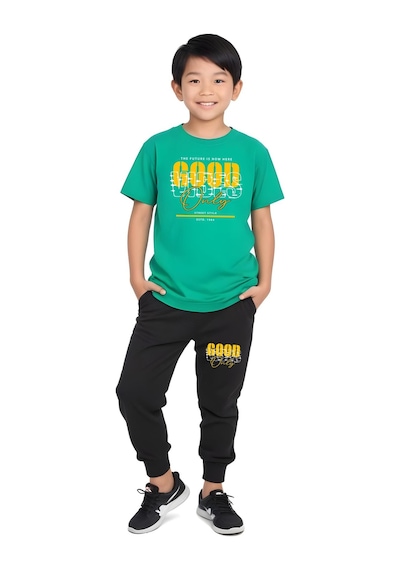 Fyk Kids Erkek Çocuk 3'lü Set The Moon-good Yazı Baskılı Yazlık Alt-üst Takım Mint Yeşil
