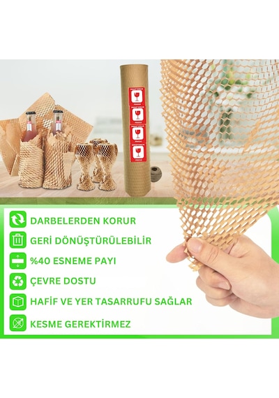 Kraft Petek Ambalaj Ve Paketleme Kağıdı 38cmx50m Ve 20 Adet Kırılır Etiketi & 100m Jüt İp Seti