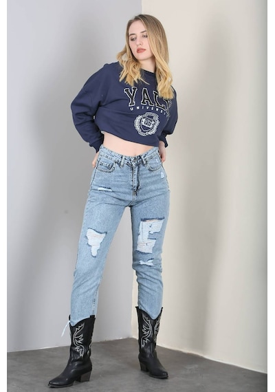 Madmext Mad Girls Mavi Yırtık Mom Jean Mg1163-Mavi