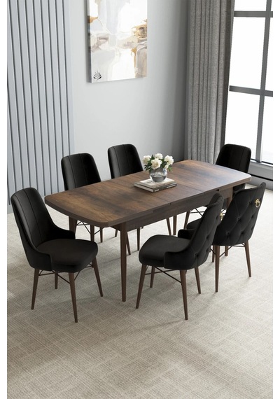 Zümra Serisi, Barok Ahşap Desen 80x132 Açılabilir Mdf Mutfak Masası Takımı 6 Adet Sandalye, Siyah Zümra Serisi, Barok Ahşap Desen 80x132 Açılabilir Mdf Mutfak Masası Takımı 6 Adet Sandalye, Siyah