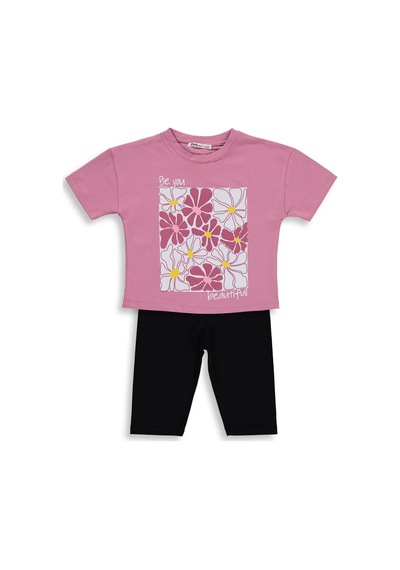 Civil Girls Renkli Çiçek Baskılı 2-5 Yaş Takım - Soft Pembe-siyah